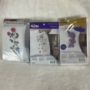 Bucilla Pillowcases Stamped Cross Stitch 3 Set Butterflies Roses Bee’s Delight